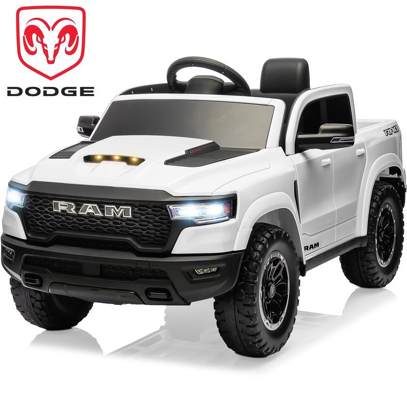 Primer coche eléctrico infantil Dodge RAM 1500 con control remoto, suspensión en las 4 ruedas, cinturón de seguridad de 5 puntos, Bluetooth MP3, luces LED, juguete eléctrico para niños de 3 a 6 años, el mejor regalo de Navidad para niños, Black Friday