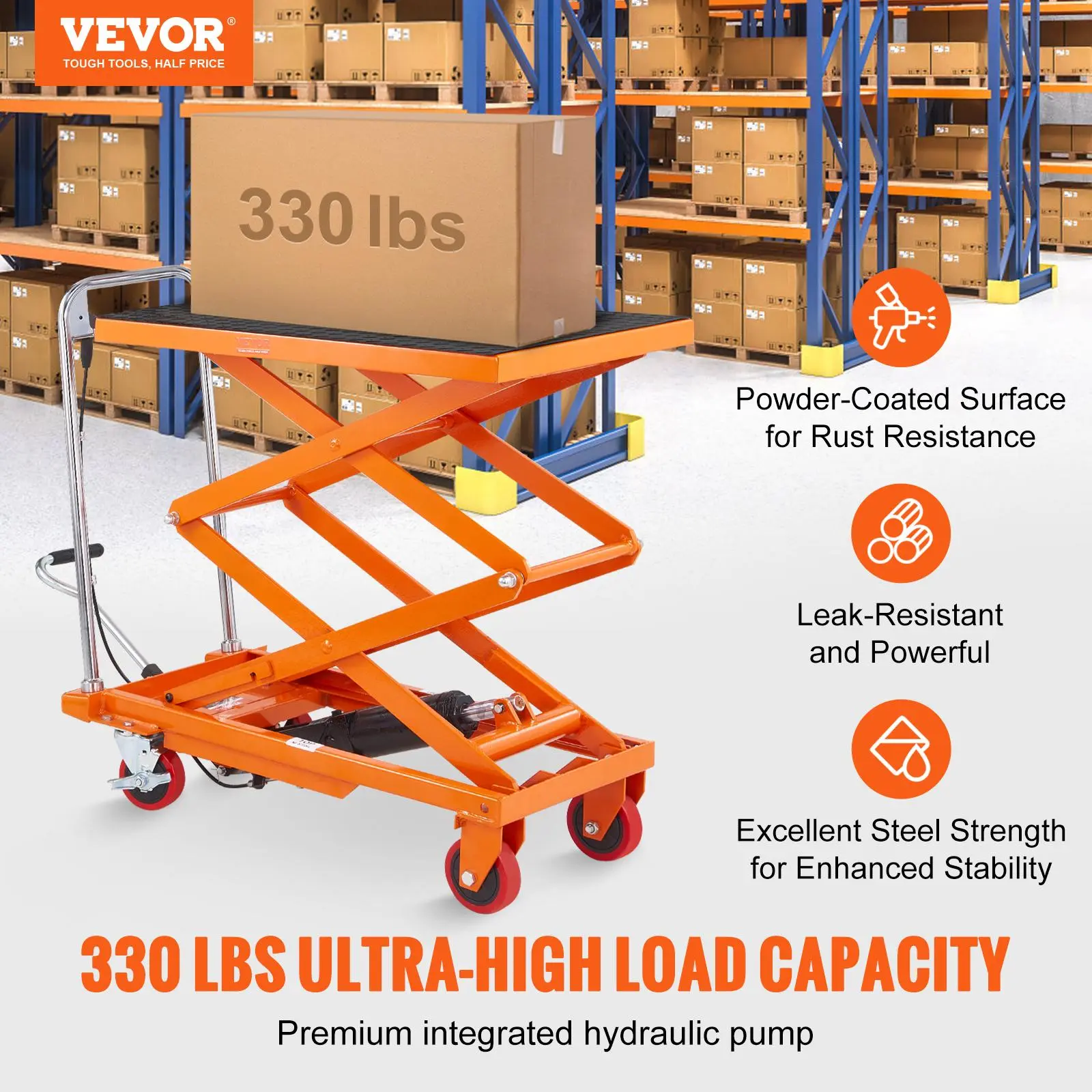 Carro de mesa elevadora hidráulica — Capacidad de 330 lb, altura de elevación de 50", mesa elevadora manual de doble tijera con 4 ruedas y almohadilla antideslizante.