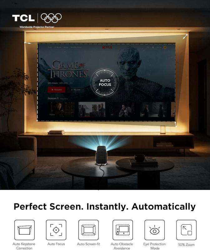 Proyector inteligente TCL C1 con soporte 4K, licencia oficial de Google TV y Netflix, Wi-Fi y Bluetooth, corrección trapezoidal con enfoque automático, resolución nativa 1080p, audio Dolby, miniproyector portátil de 285° para cine en casa.