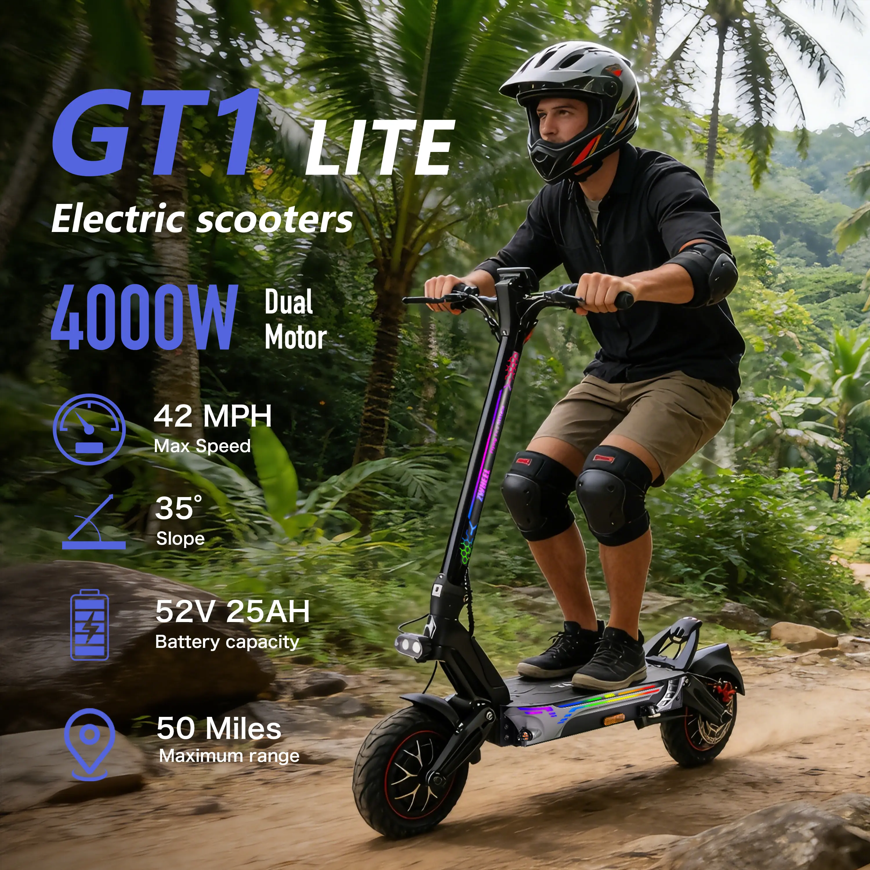 Potente patinete eléctrico Max Pro: autonomía de 50 millas, equipado con doble motor de 4000 W, velocidad de hasta 42 mph, neumáticos sin cámara de 11 pulgadas, suspensión delantera y trasera, desbloqueo manos libres, sistema antirrobo y diseño plegable.