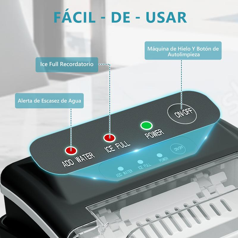 Máquina de Hielo de Encimera con Mango. Produce 11,79 kg de Hielo en 24 Horas y Tiene 9 Cubos de Hielo Listos en 6 Minutos. Posee Función de Autolimpieza y es Portátil, Viene con Canasta y Cucharón, Ideal para Hogar, Cocina, Camping o RV.