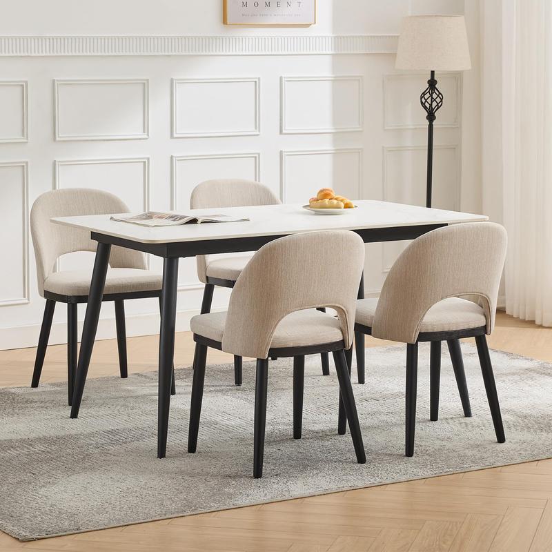 Juego de 4 sillas de comedor de madera Garvee, sillas tapizadas para cocina y comedor con respaldo curvo y patas de madera, silla de comedor moderna de tela estilo granja para restaurante/cafetería, color beige.