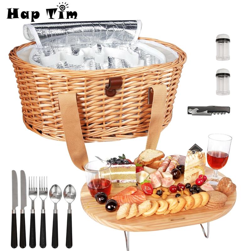 Cesta de picnic de mimbre Hap Tim para 2/4 personas con mesa plegable para vino y juego de cubiertos, bolsa térmica de playa tejida, regalos para parejas, regalos de boda, regalos para el Sr. y la Sra., regalos para despedidas de soltera, lista de bodas #
