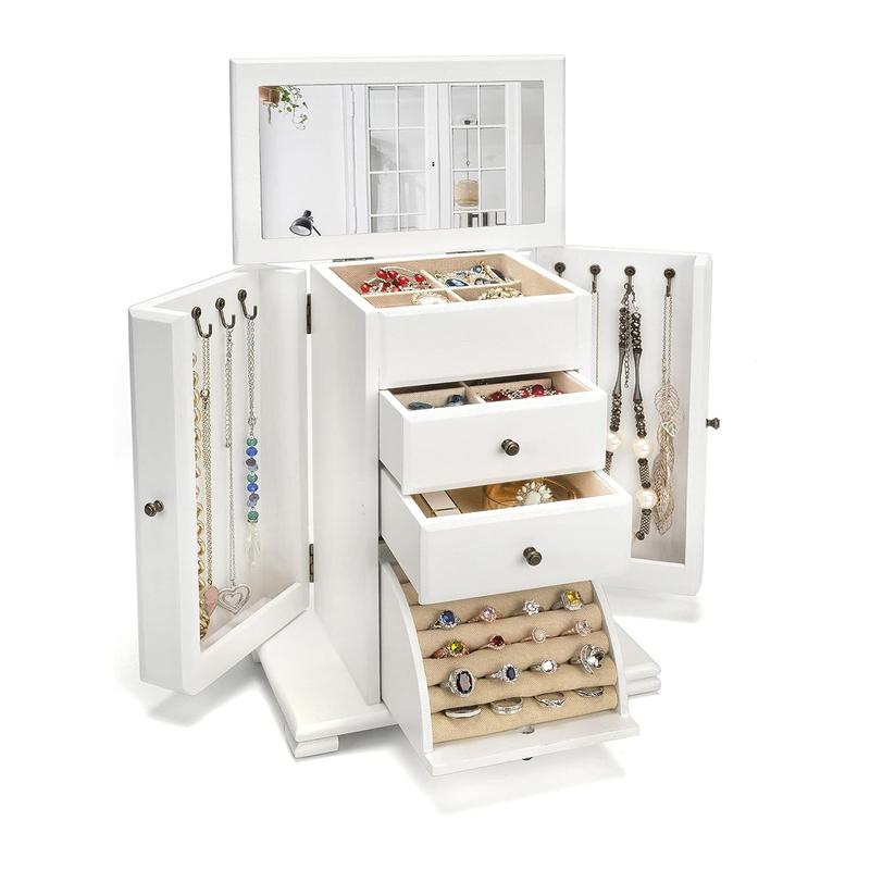 Caja de joyería Emfogo para mujer, cajas y organizadores de joyería de madera rústica con espejo, caja organizadora de joyería de 4 niveles para anillos, pendientes, collares y pulseras.