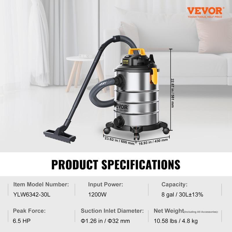 Aspiradora VEVOR para sólidos y líquidos, capacidad máxima de 8 galones, 6 HP de potencia máxima, 3 en 1, con función de soplado, portátil con accesorios para limpiar pisos, tapicería y espacios. Certificación ETL. Aspiradora de alta potencia con potente