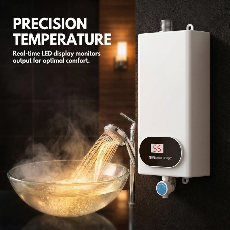Calentador de agua eléctrico instantáneo de 3500 W con cabezal de ducha y pantalla LCD. Agua caliente instantánea. Fácil instalación para baños, cocinas y caravanas. Electrodomésticos de acero inoxidable blanco. #SummerVibes