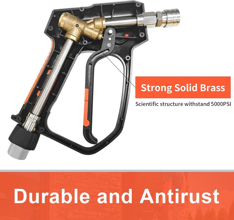 Pistola pulverizadora para hidrolavadora de alta presión Heliwoo, 5000 PSI/10.5 GPM, herramienta de hardware de alto caudal, enchufe giratorio de 3/8", conexiones M22-14mm/M22-15mm, 5 boquillas, construcción de acero inoxidable, compatible con la mayoría
