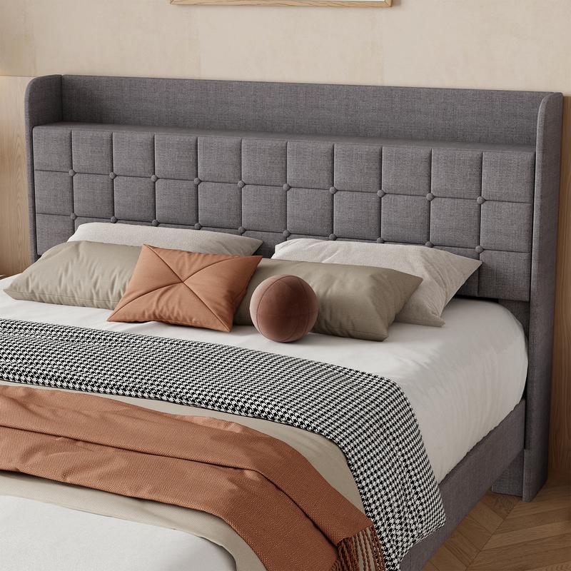 Estructura de cama híbrida resistente de metal tapizado con cabecero de tela - Tamaño Queen/King, 2 cestas de almacenamiento de metal, fácil montaje, decoración contemporánea para el hogar, muebles para apartamentos.