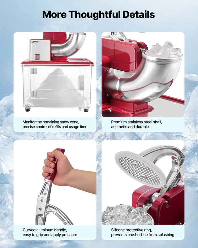 VEVOR Trituradora de hielo comercial 661LBS/H, máquina eléctrica de cono de nieve de 350 W con 4 cuchillas, máquina de hielo raspado de acero inoxidable de 2000 RPM con caja de hielo triturado de 11 gal, para restaurantes familiares, bares, rojo