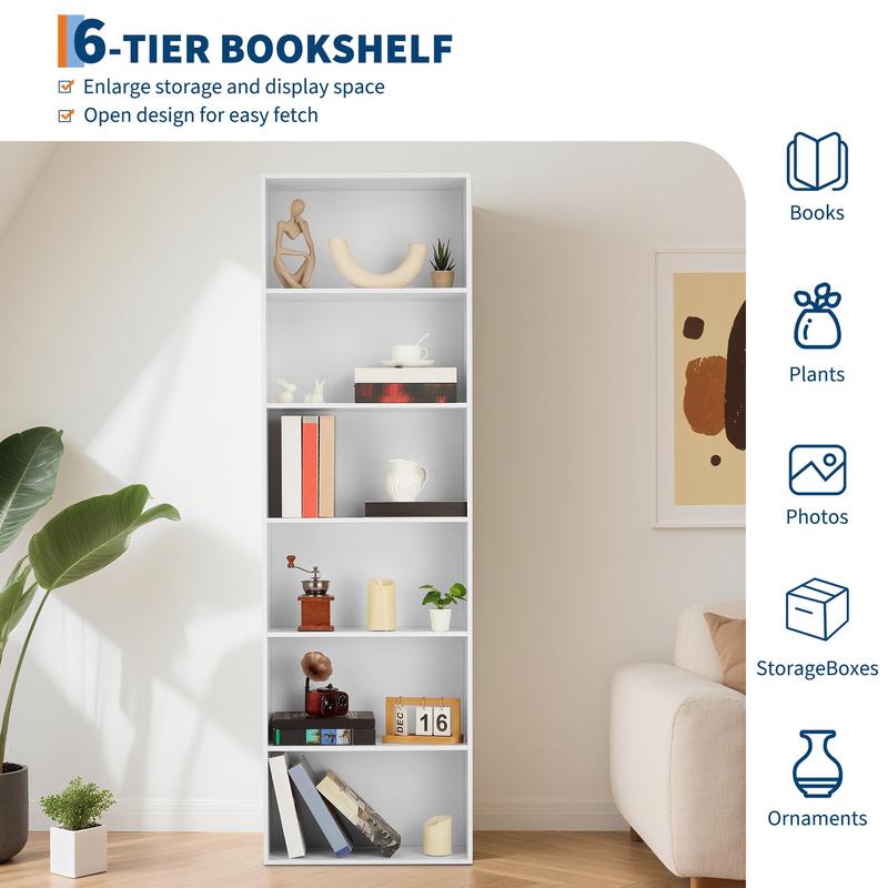 Librería alta de 6 baldas, librería de madera maciza con estilo rústico industrial para oficina en casa, organizador de almacenamiento resistente de 6 niveles para sala de estar.