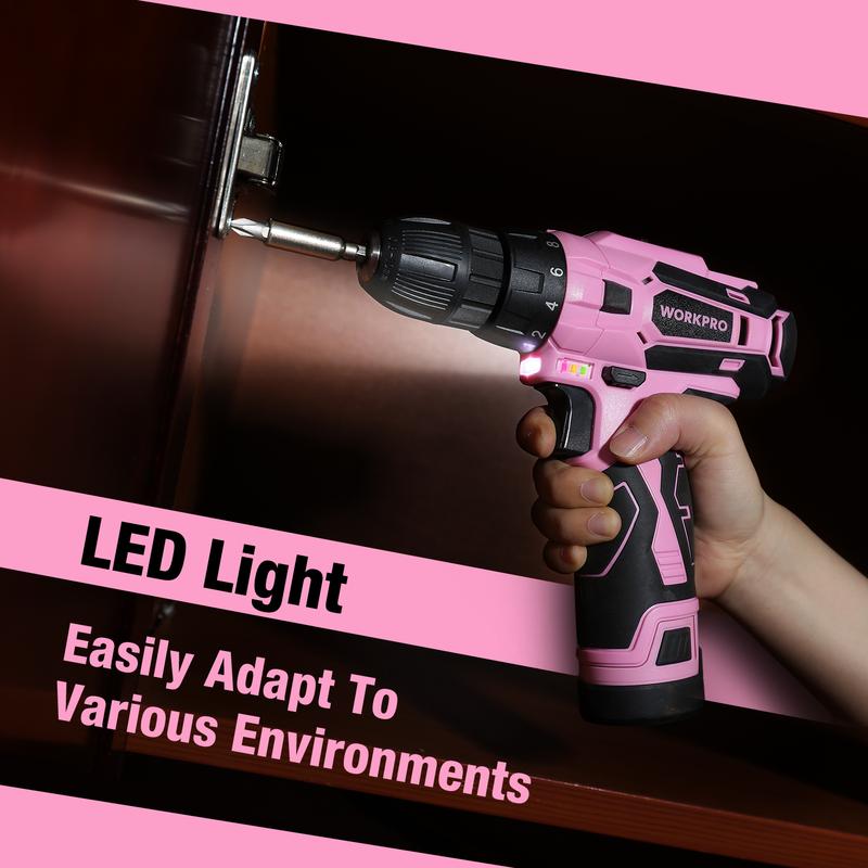 #rebajasdeverano WORKPRO Taladro atornillador inalámbrico rosa de 12 V y kit de herramientas para el hogar, juego de herramientas manuales para bricolaje y mantenimiento del hogar, incluye bolsa de almacenamiento de 35 cm - Cinta rosa