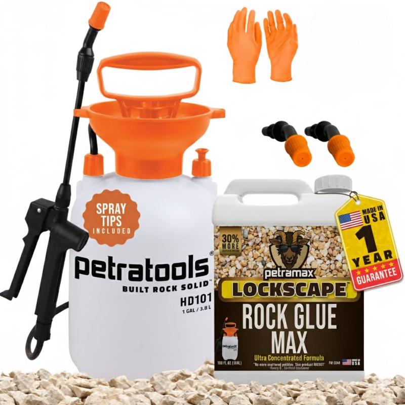 Kit de inicio PetraMax Rock Glue Max - Paquete de 1 galón de Rock Glue Max y pulverizador de bomba HD101 - Pegamento adhesivo para paisajismo. Pegamento para grava Lockdown para una máxima sujeción.