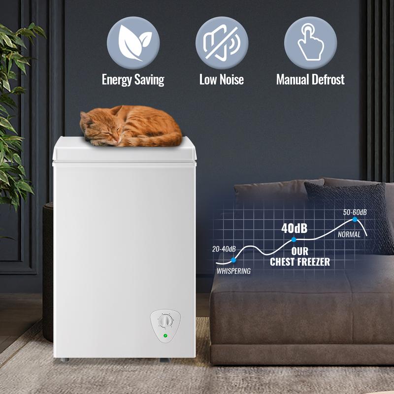 Congelador compacto WANAI de 2.4 pies cúbicos, congelador horizontal ecológico, mini congelador con 7 niveles de temperatura ajustables, cesta de almacenamiento extraíble, ahorro de energía.