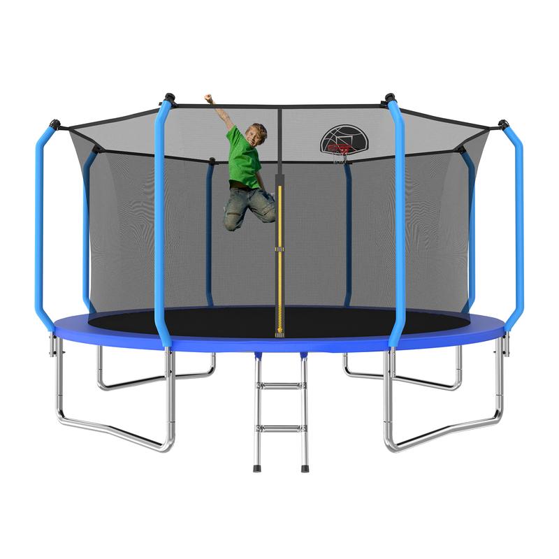 Cama elástica azul de 8/10/12/14 pies para parque infantil, tamaño estándar, con escalera y aro de baloncesto. Cama elástica resistente para exteriores, reforzada y de mayor grosor. Marca: summerwins.