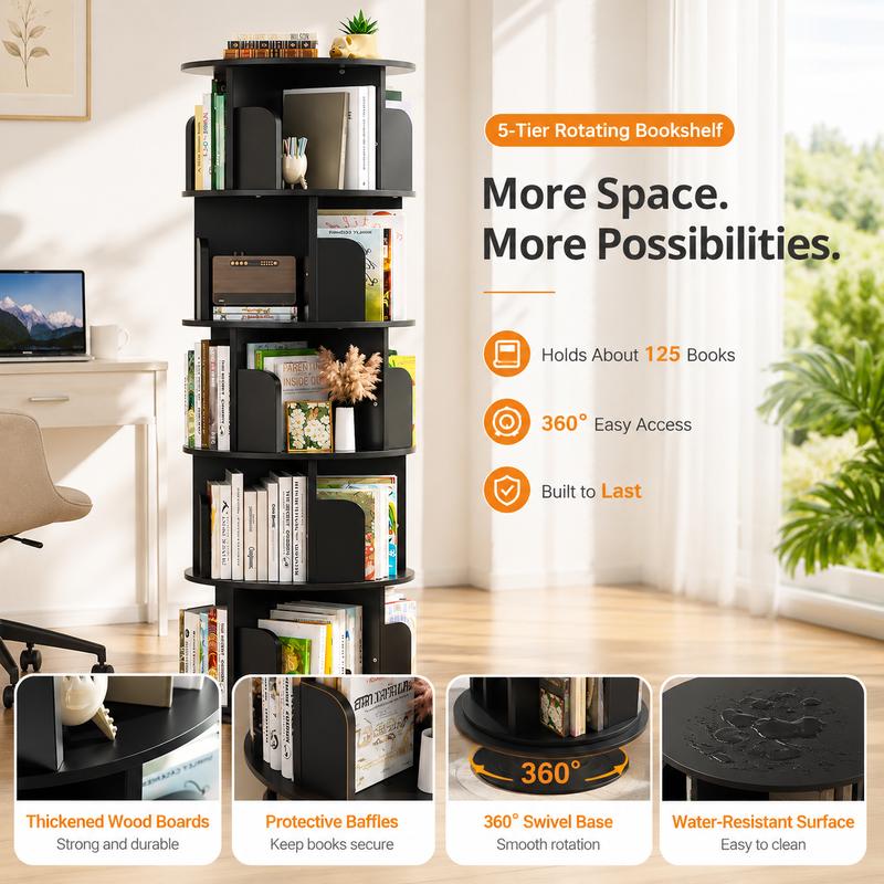 Estantería giratoria Homieasy de 4/5/6 niveles, torre de estantería giratoria de madera con exhibición de 360°, estantería de pie con almacenamiento, estantería giratoria de esquina para espacios pequeños, dormitorio, sala de estudio.