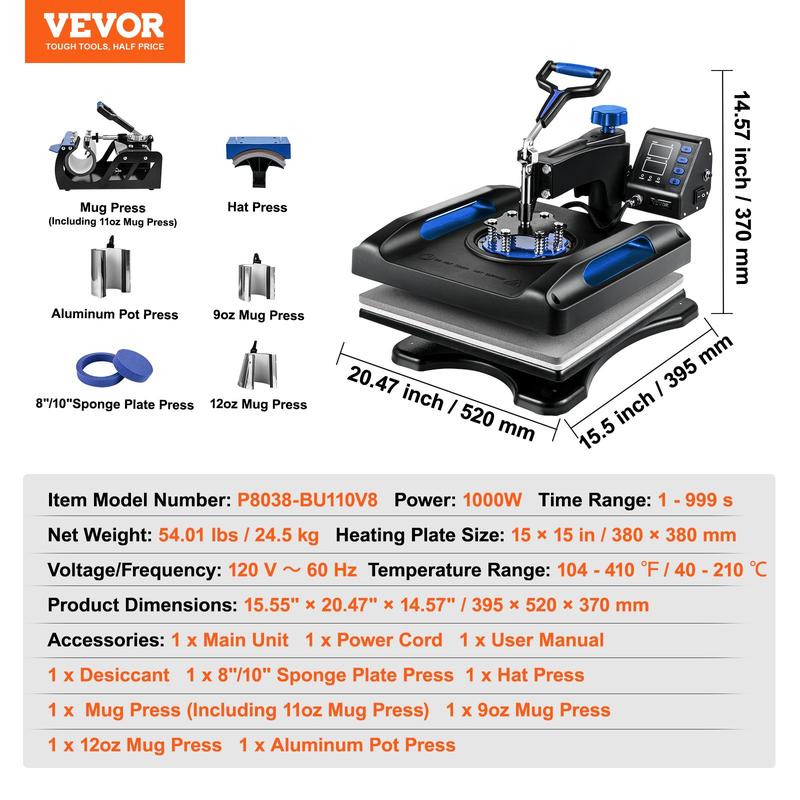 Prensa térmica de 15 x 15 pulgadas, 8 en 1, 800 W, para sublimación, rotación de 360°, función de giro, 8 en 1, para impresión de camisetas, calentamiento de doble tubo para camisetas, gorras y tazas DIY.