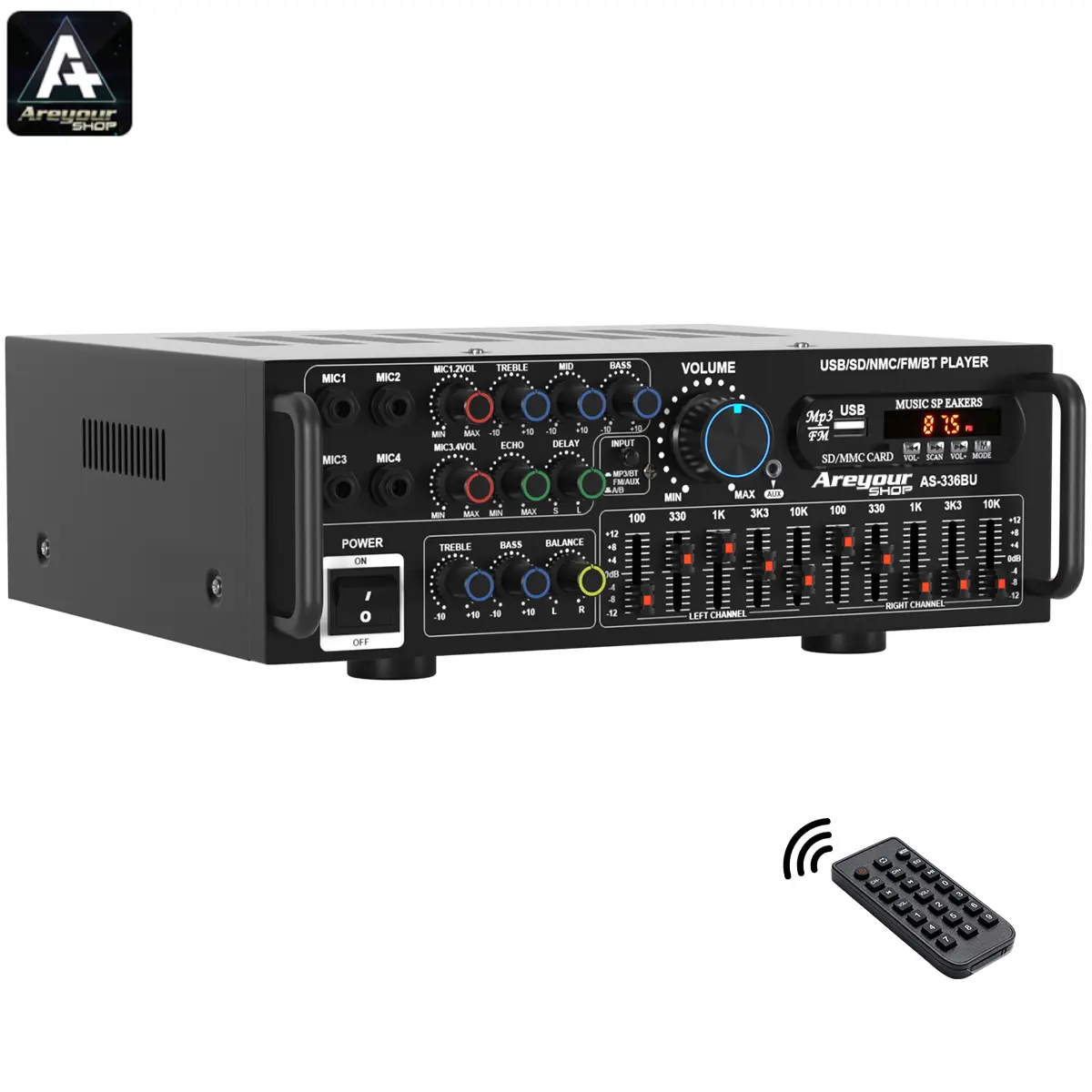 Amplificador de potencia estéreo HiFi Bluetooth 5.0 con mando a distancia y 4 entradas de micrófono; compatible con uso doméstico y en coche; funciones de mezclador, radio, subwoofer y audio para smartphones; universal, con karaoke, FM, USB, SD y AUX.