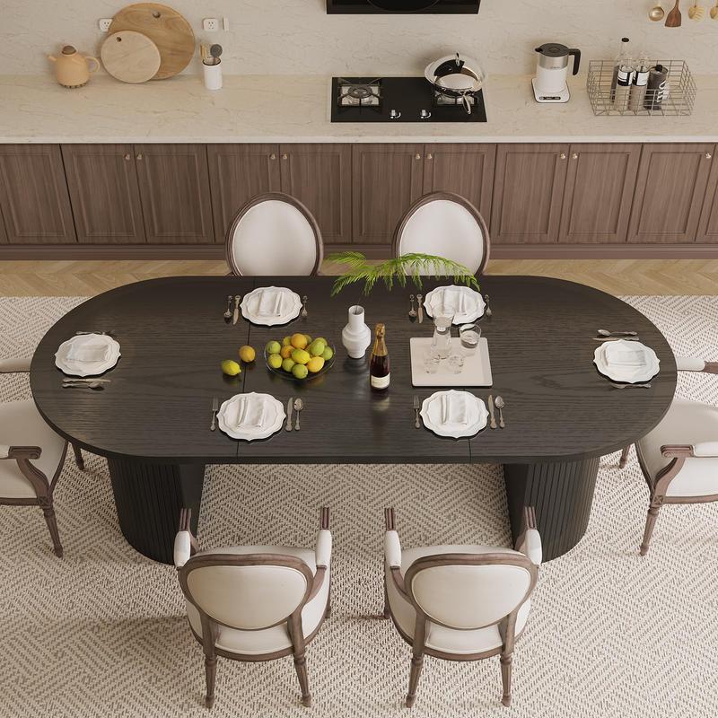 Mesa de comedor de 70,8 pulgadas para 4-6 personas, mesa de comedor ovalada con base de listones de madera curvados y estriados, mesas de cocina modernas de mediados de siglo con almohadillas en las patas, mesas de comedor para sala de estar, comedor