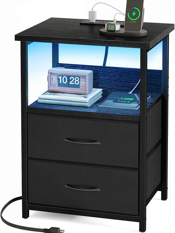 【Summergarden】Mesita de noche con estación de carga, mesita de noche LED con puertos y tomas USB, 2 cajones de almacenamiento de tela con acabado de PU, mesita de noche pequeña, negra