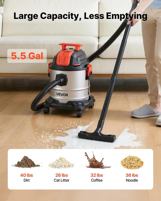 Aspiradora industrial VEVOR, 5.8 galones (21.9 litros) para uso en seco y húmedo, 4 HP de potencia máxima con autolimpieza de un botón, doble filtro, 900 W de potencia de entrada, manguera de 3.17 cm x 2.13 m, cable de 3 m, tanque metálico para obras, tal