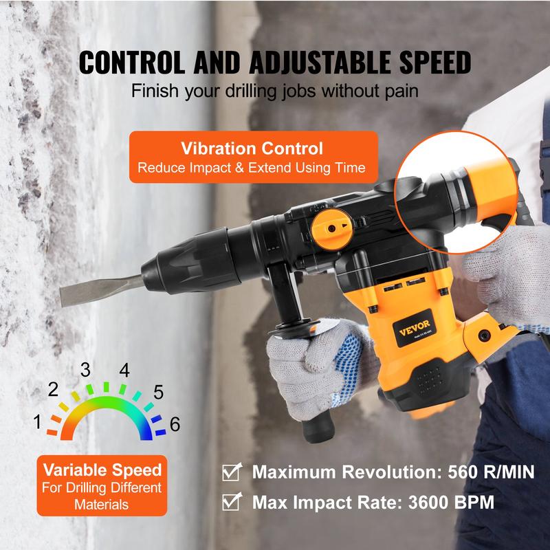 Taladro percutor rotativo VEVOR con cable, 1-9/16" (3 modos), martillos cinceladores SDS-MAX, herramienta de perforación, juego de taladro eléctrico, regalos para el día del padre