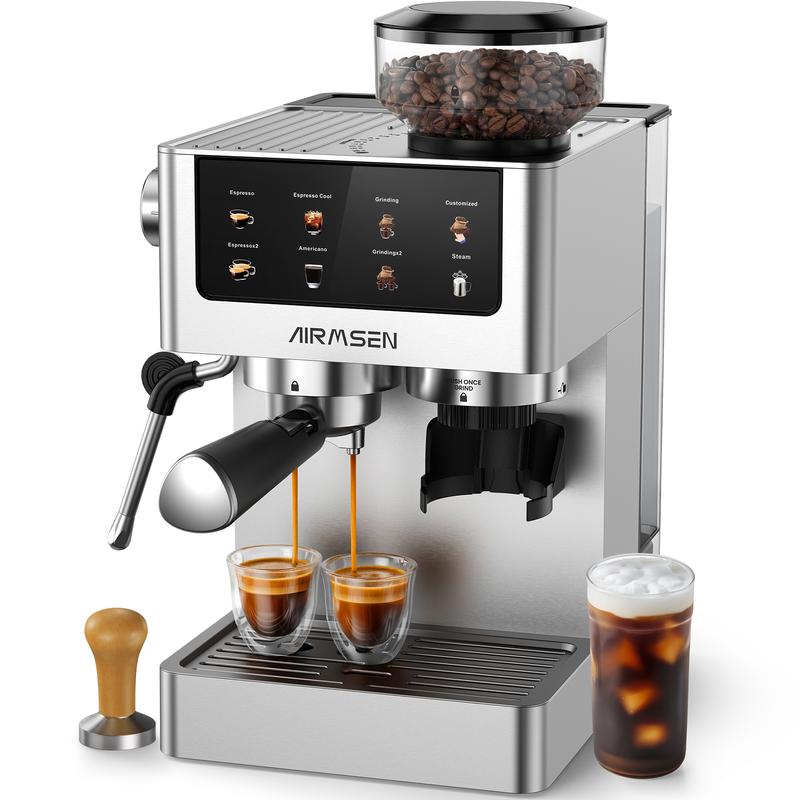 Cafetera espresso AIRMSEN con molinillo de muelas, 20 bares, acero inoxidable para uso doméstico, cafetera profesional con depósito de agua extraíble y espumador de leche BCM2316
