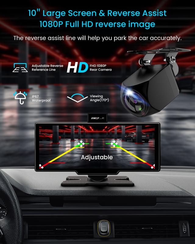 Autoestéreo portátil de 10 pulgadas con cámara de salpicadero 4K y cámara de marcha atrás 1080P – Apple CarPlay inalámbrico, Android Auto, 64 GB de almacenamiento, navegación GPS, control por voz, reproducción de música, Mirror Link, tarjeta de memoria in