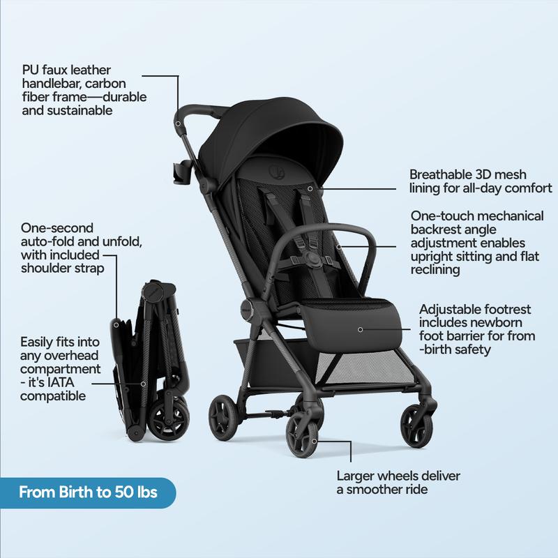 Cochecito de viaje Mompush Nexis Carbon, ultraligero (6,3 kg), compacto y apto para llevar en el avión, plegado automático en un segundo, reclinado completo con una sola mano, desde el nacimiento hasta los 22,7 kg, certificado por JPMA, color verde bosque