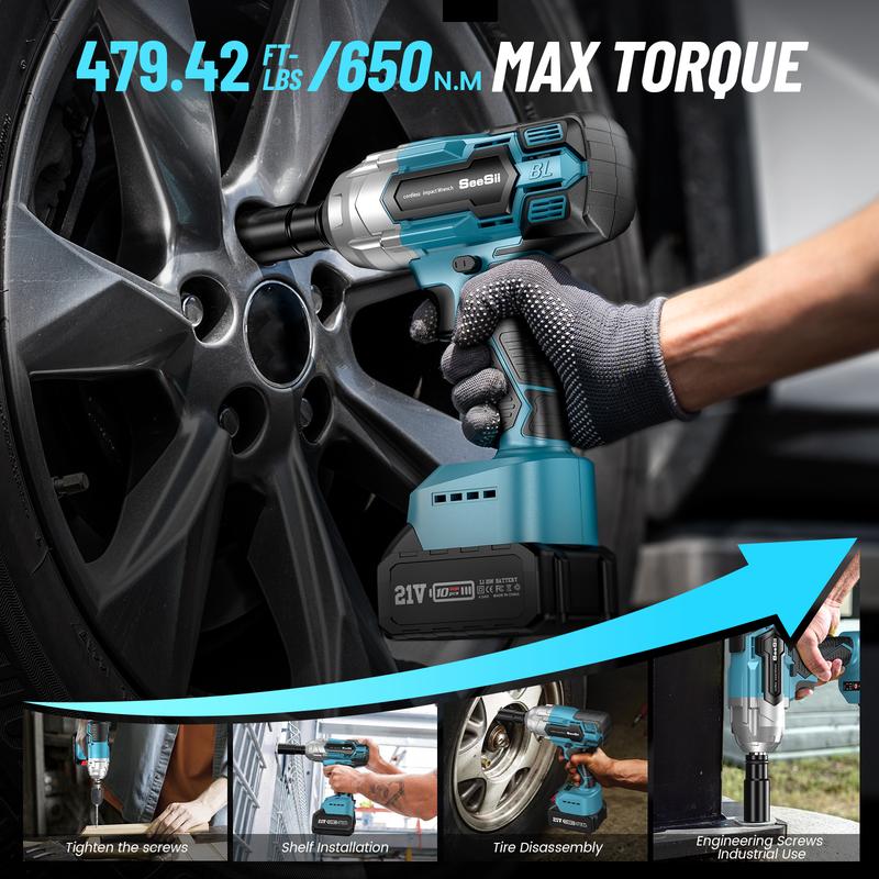 Llave de impacto inalámbrica 3 en 1 de 1/2'', 3300 RPM, destornillador de impacto sin escobillas con 2 baterías de 4.0 Ah, 6 vasos, brocas, 6 tornillos, herramienta eléctrica de alta resistencia.
