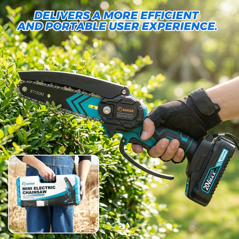 Mini motosierra Saker de 4/6 pulgadas - Batería de larga duración de 3000 mAh (2 unidades), motor de cobre puro mejorado, sierra eléctrica de una mano para hombres y mujeres, herramienta portátil para cortar madera y jardín. Regalo ideal.