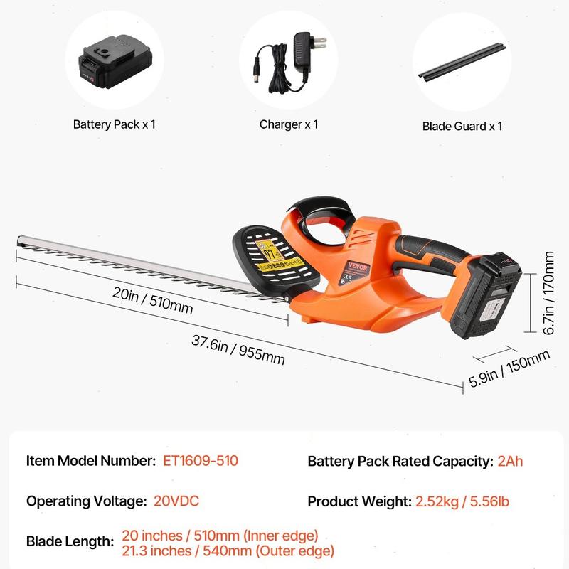 Cortasetos eléctrico inalámbrico, 20 V 1200 RPM con cuchillas de 20 pulgadas y diseño extensible, dispositivo portátil para exteriores.