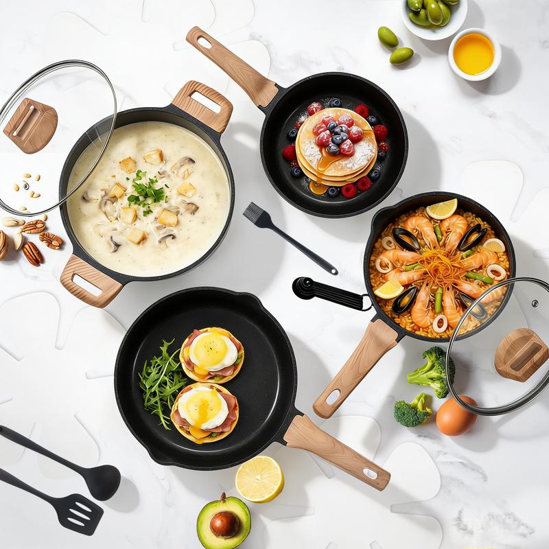 Juego de 25 piezas de utensilios de cocina resistentes, antiadherentes, de cerámica y granito, ollas y sartenes de aluminio ligero con tapas de vidrio, asas que se mantienen frías, apto para inducción para una cocina saludable.