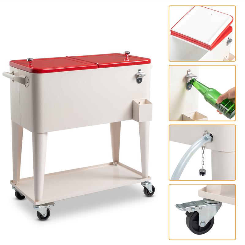 Incubadora con congelador de 80 cuartos con tubo de drenaje, carrito refrigerado con ruedas, recipiente aislado, abridor de botellas y ruedas con freno.