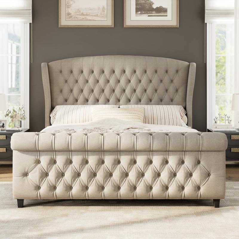 Estructura de cama tipo plataforma AMERLIFE, cama trineo tapizada en terciopelo con cabecero y piecero con alas curvas / No requiere somier / Regalo de Navidad / Las mejores ideas para regalos