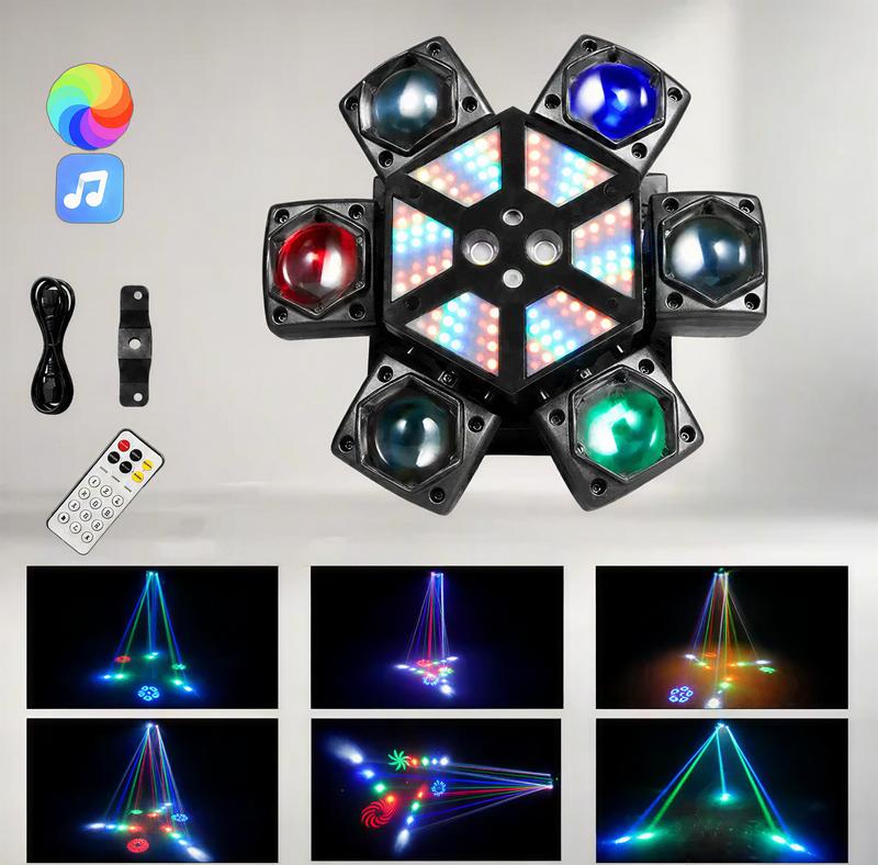 Luces de fiesta para DJ de 150 W con 6 brazos, luz de escenario RGBW de 150 W con láser rojo y verde, luces de discoteca sincronizadas con música y activadas por sonido, luz estroboscópica DMX512 para bodas, clubes y fiestas en casa.