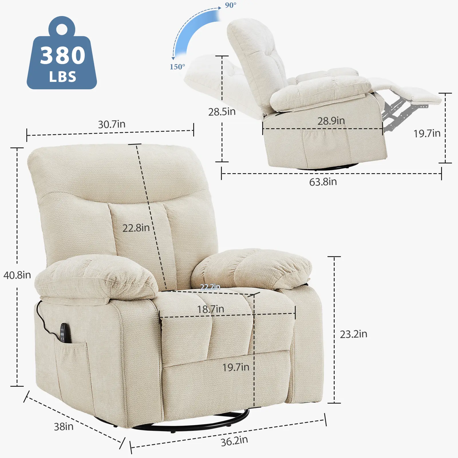 Sillón reclinable y mecedor, reclinable giratorio con masaje vibratorio y calefacción lumbar; sillón de tela de chenilla con rotación de 270° y reposapiés, ideal para sala de estar y dormitorio.