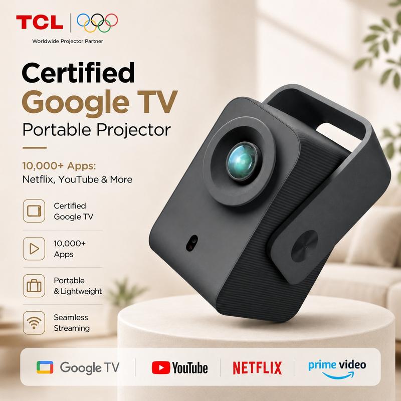 Proyector inteligente TCL C1 con soporte 4K, licencia oficial de Google TV y Netflix, Wi-Fi y Bluetooth, corrección trapezoidal con enfoque automático, resolución nativa 1080p, audio Dolby, miniproyector portátil de 285° para cine en casa.