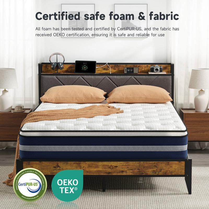 Colchón híbrido de muelles ensacados de 25-30 cm, espuma viscoelástica con gel refrescante CertiPUR-US sin fibra de vidrio, colchón con aislamiento de movimiento y alivio de presión, tamaño individual/matrimonial/queen.