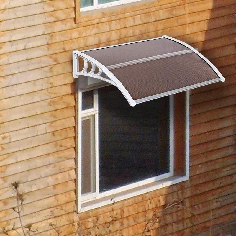 Toldo para ventana y puerta Ubesgoo, cubierta de policarbonato para puerta principal, toldo para patio exterior, protección UV, lluvia, nieve y luz solar, lámina hueca, tablero marrón y soporte blanco.