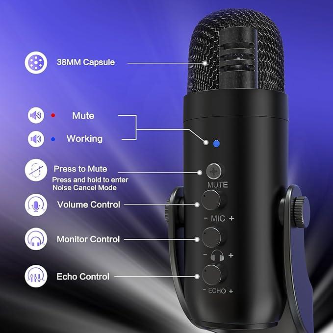 Micrófono de condensador USB Haomuren K66 [sin adaptador Lightning], micrófono para juegos de PC, micrófonos Plug & Play para PS4 y PS5. Ajuste de monitor y control de volumen, control de ganancia del micrófono, botón de silencio para TikTok, YouTube Podc