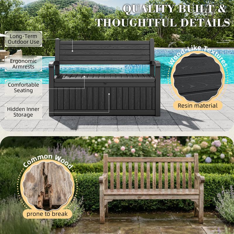 Banco de almacenamiento exterior resistente al agua de 100 galones con reposabrazos - Solución de asientos y almacenamiento, organiza herramientas de jardín/flotadores de piscina, requiere montaje para actividades al aire libre, decoración de patio/porche