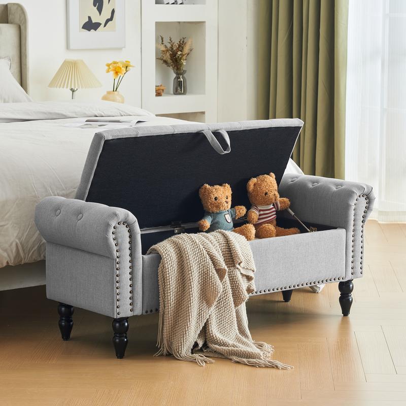Banco otomano con almacenamiento para cama Queen/King, banco tapizado para el pie de la cama con brazos enrollados para dormitorio, sala de estar, recibidor, taburete acolchado suave, reposapiés