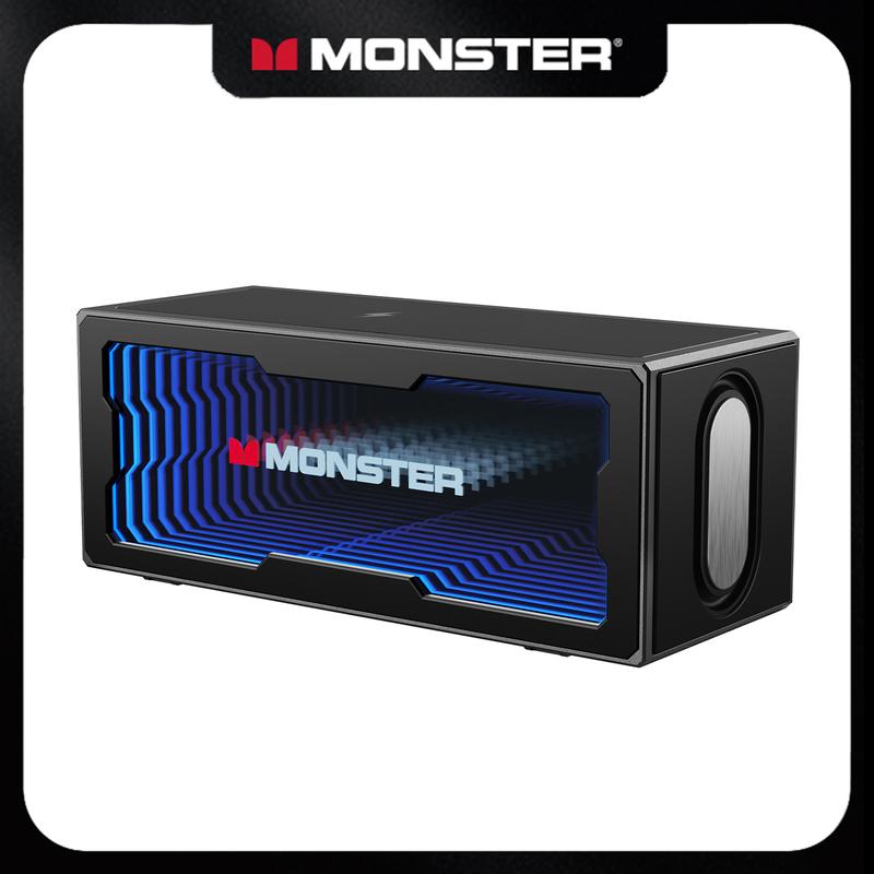 Altavoz Bluetooth portátil compacto Monster S280 con sonido estéreo de 40 W, Bluetooth 6.0, espectáculo de luces LED 3D, estación de carga inalámbrica, llamadas manos libres, compatibilidad con USB/AUX/tarjeta TF, almohadilla ajustable para dispositivos, 