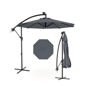 Sombrilla de patio voladiza de 3 metros con inclinación infinita | Luces LED solares, base en cruz y gran sombrilla para exteriores, ideal para jardín, piscina o césped.