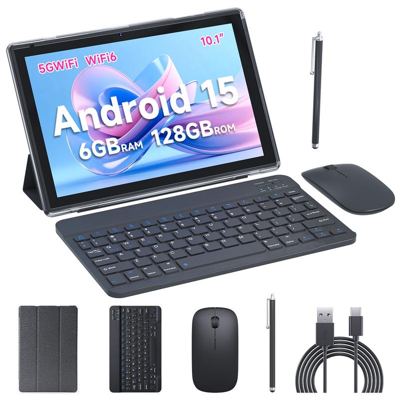 Tablet Android 15.0 de 10,1", 20 GB 6+14 RAM, 128 GB ROM + 1 TB expandible, Octa-Core de 2,0 GHz, WiFi 6 5G y Bluetooth 5.0 con teclado, ratón y lápiz óptico, paquete completo, tabletas perfectas con pantalla táctil.