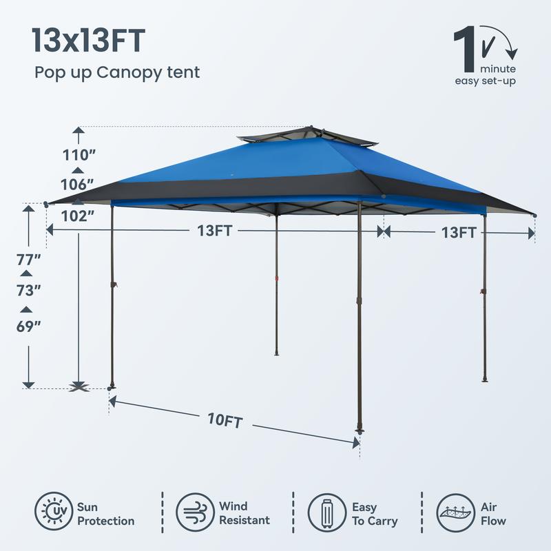 OfertasParaTiDías PHIVILLA Fácil Montaje 13x13 pies Cenador con toldo desplegable Tienda de exterior 169 pies cuadrados Diseño plegable para sombra, carpa con toldo portátil instantánea para exteriores con bolsa con ruedas,