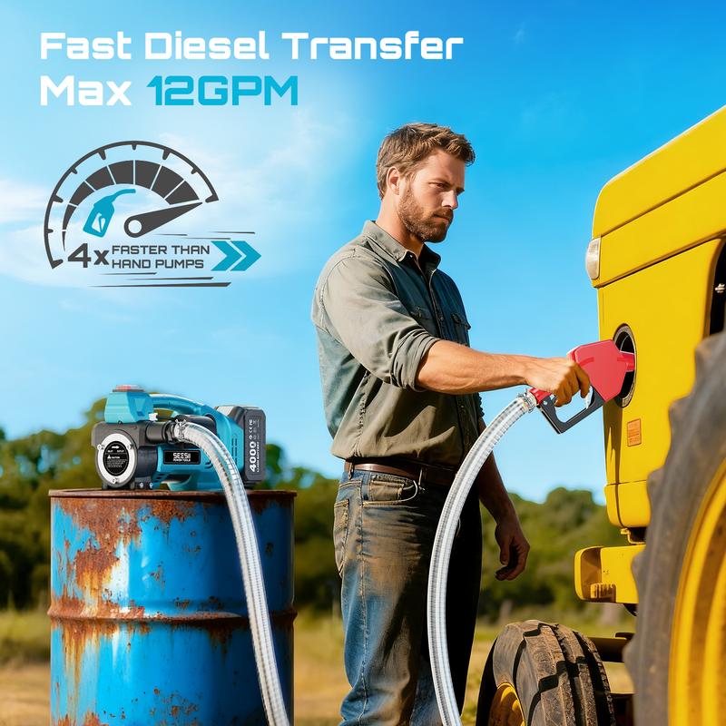 Bomba de transferencia de combustible 3 en 1 (21 V/12 V/24 V), 12 GPM, motor de 160 W con batería de 4,0 Ah, boquilla autosellante, interruptor de presión y todos los accesorios necesarios para diésel, queroseno, SP12 Multi