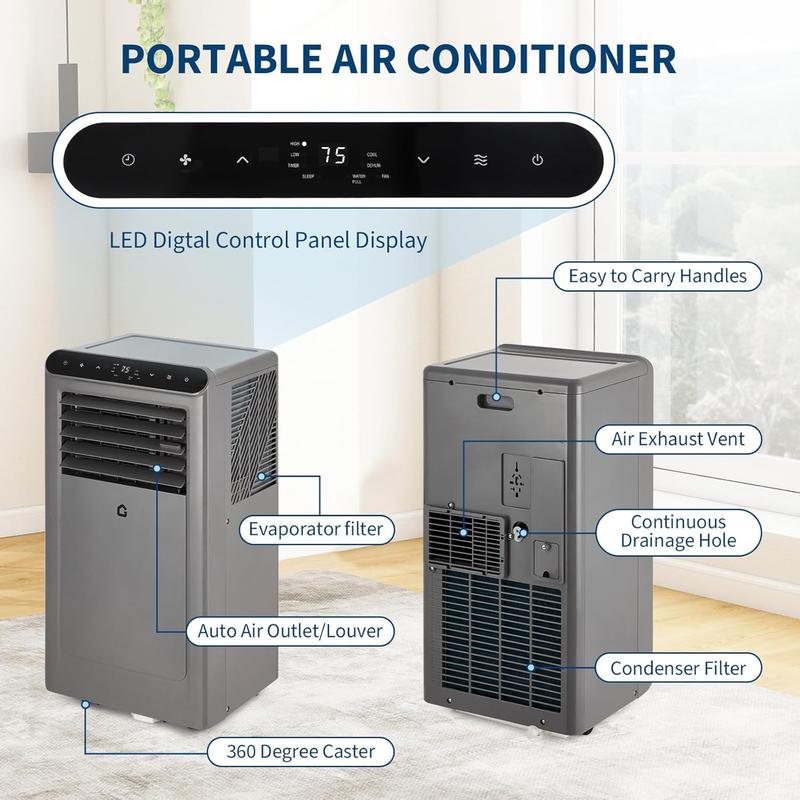 Aires acondicionados portátiles de 8K/10K/12K/14K BTU, unidad de aire acondicionado portátil 3 en 1 para habitaciones de hasta 350/450/550/750 pies cuadrados, deshumidificador, ventilador, ahorro de energía, control remoto, temporizador de 24 horas, modo