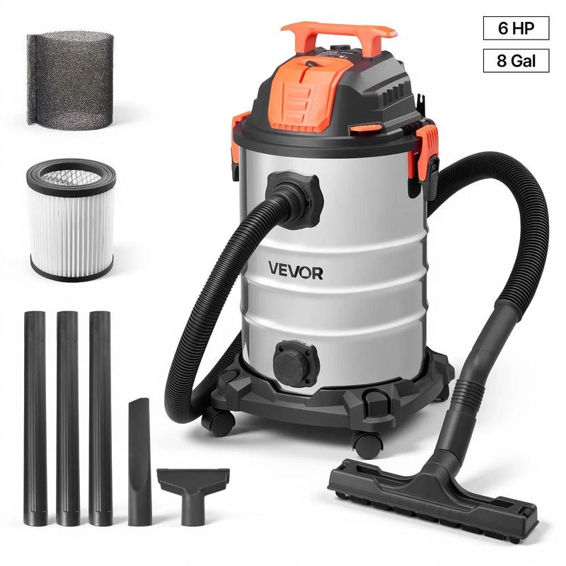 Aspiradora industrial VEVOR, 5.8 galones (21.9 litros) para uso en seco y húmedo, 4 HP de potencia máxima con autolimpieza de un botón, doble filtro, 900 W de potencia de entrada, manguera de 3.17 cm x 2.13 m, cable de 3 m, tanque metálico para obras, tal