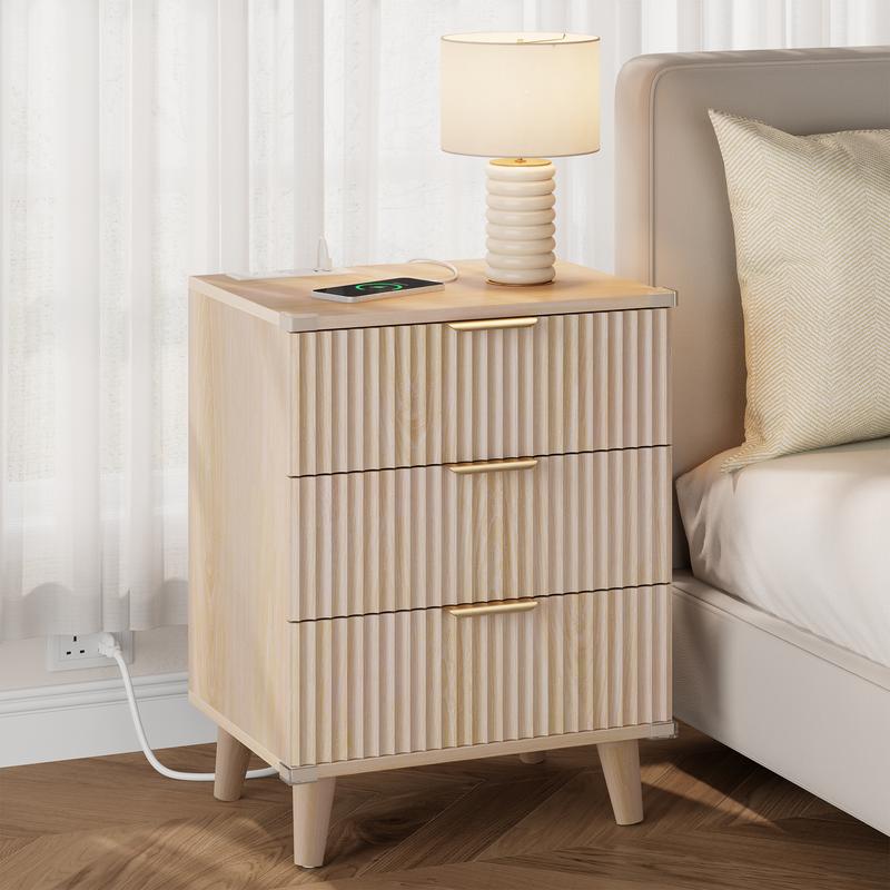Mesitas de noche Aowos con paneles acanalados para dormitorio, mesita de noche moderna con 3 cajones y estación de carga, mesas auxiliares con paneles acanalados para dormitorio y sala de estar, mesita de noche con puertos USB, mesita de noche con almacen